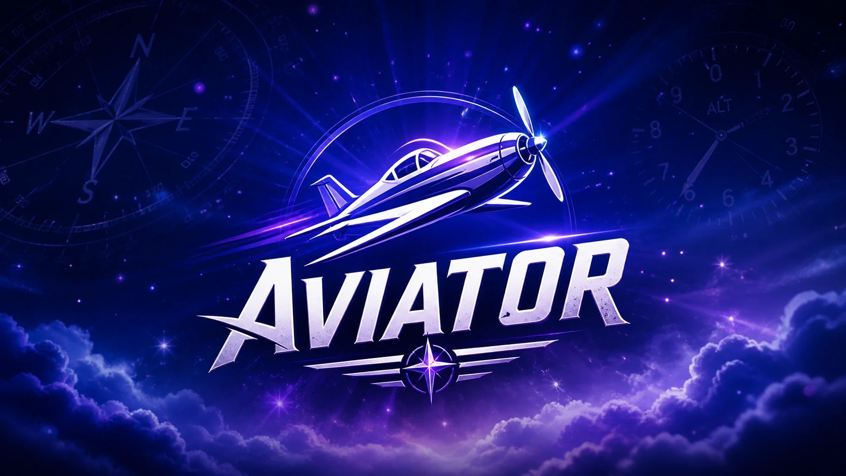 Aviator logo with white plane over blue storm clouds and lightning