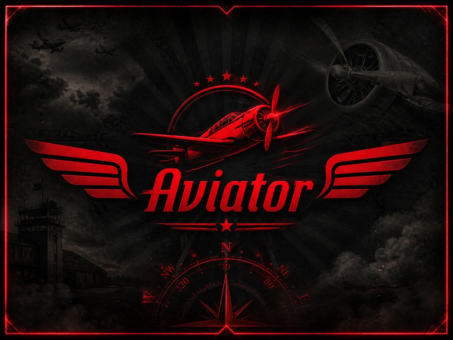 Dark Aviator logo with red wings, smoke and vintage flight frame background
