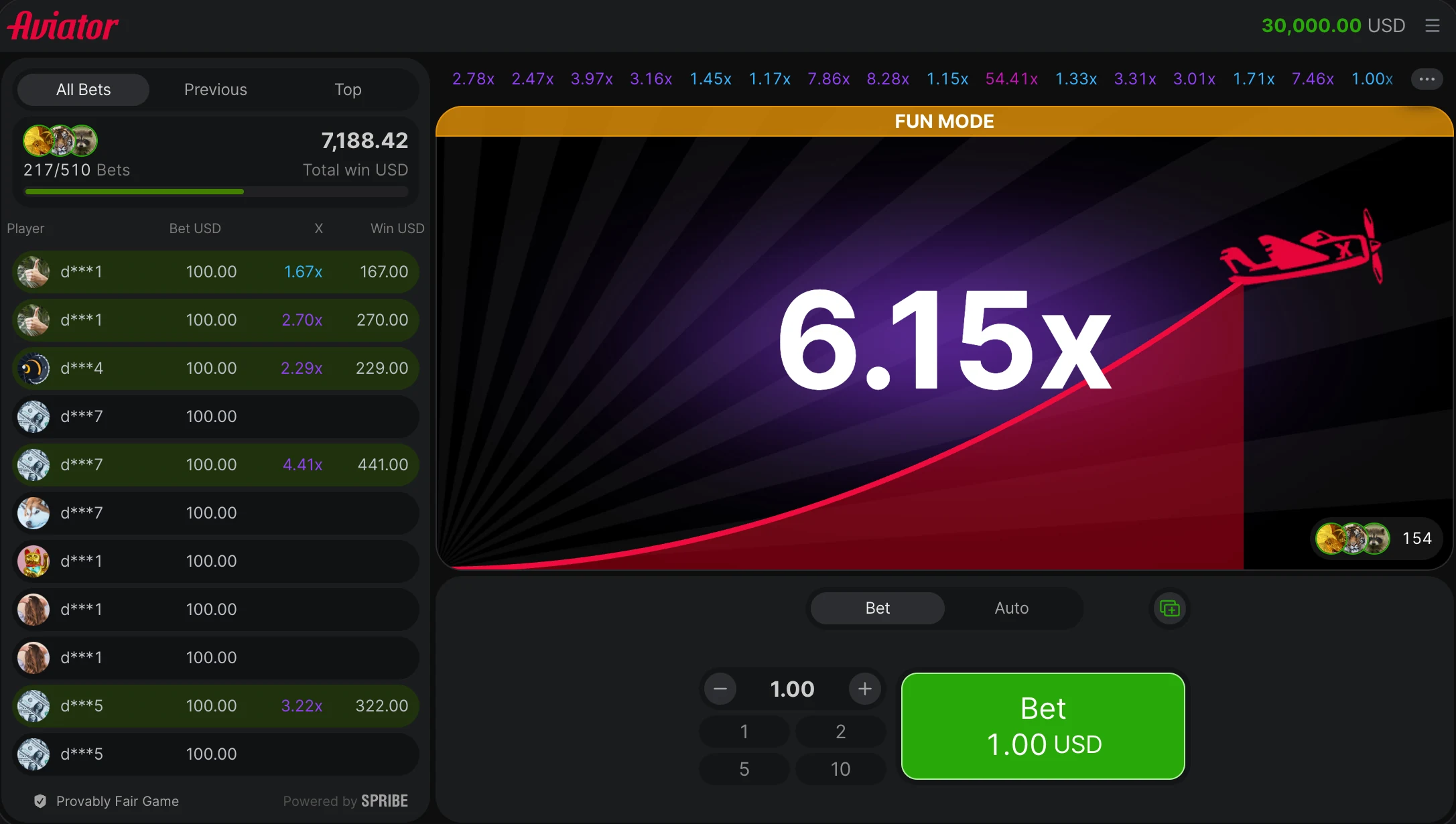 Aviator desktop gameplay interface with multiplier graph and bet controls