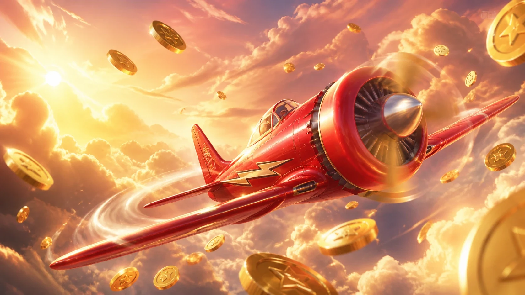 Red Aviator Plane with Golden Clouds and Coins Red Aviator airplane flying through golden clouds with coins in the sky