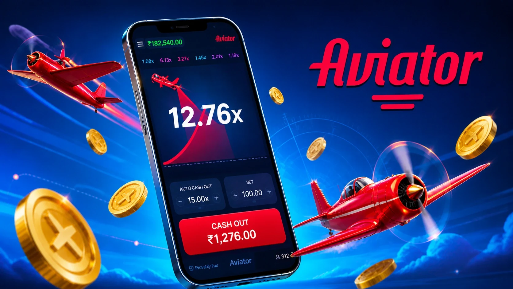 Aviator Mobile App Multiplier Promo Aviator mobile app promo with phone screen, multiplier, planes and coins