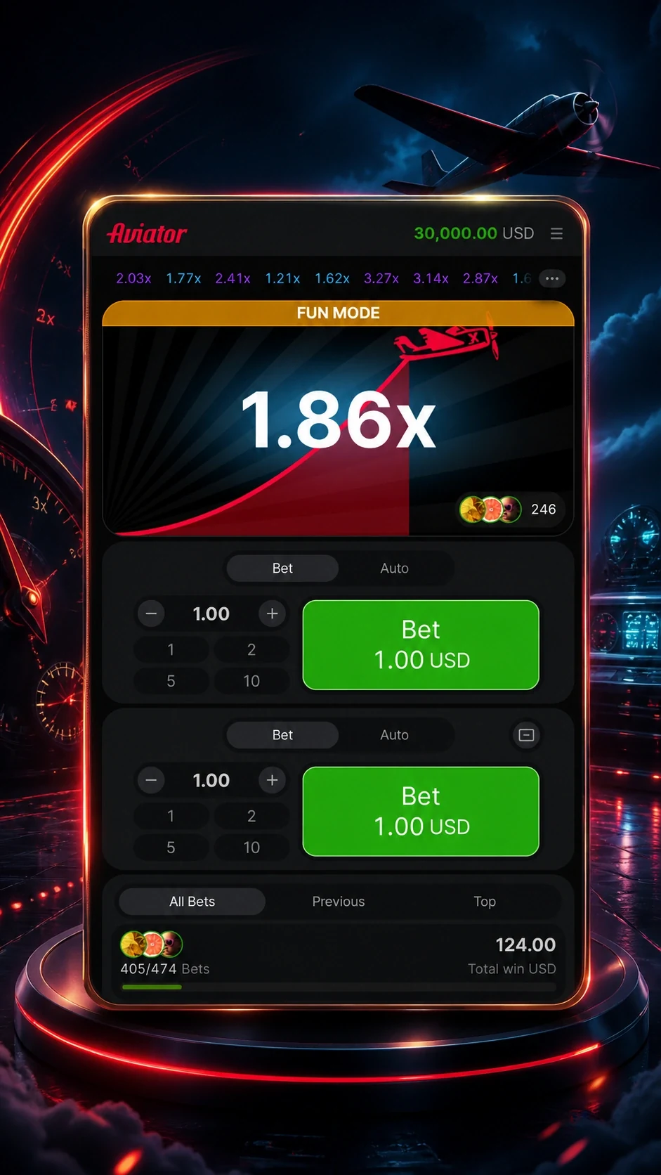 Aviator mobile game interface with neon frame, multiplier screen and bet buttons
